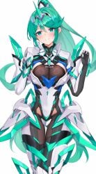 big_breasts black_thighhighs blush bodysuit cleavage core_crystal cyan_hair fully_clothed long_hair looking_at_viewer matrix16 nintendo pneuma pneuma_(xenoblade) ponytail tagme thighs tight_clothing voluptuous xenoblade_(series) xenoblade_chronicles_2