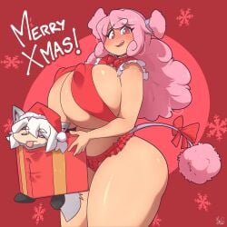 christmas covered_nipples erect_nipples hachisoda mrsakai nipple_bulge pink_hair puni_(hachisoda) ryousakai