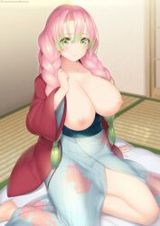 1girls areola areolae big_breasts blush blush blushing_at_viewer breasts curvaceous curvy curvy_female demon_slayer female female_focus female_only hi_res highres huge_breasts kanroji_mitsuri kashiwamochi_yomogi kimetsu_no_yaiba large_breasts light-skinned_female light_skin long_hair looking_at_viewer nipples smile smiling smiling_at_viewer solo solo_female solo_focus thick_thighs thighs topless