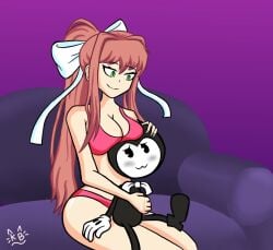 bendy bendy_and_the_ink_machine big_breasts brown_hair crossover demon doki_doki_literature_club green_eyes half_naked horror hugging_from_behind monika_(doki_doki_literature_club) thick_thighs