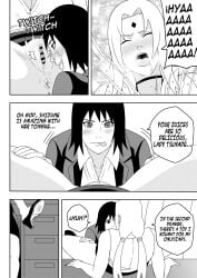 2girls after_cunnilingus after_oral age_difference big_breasts boss_and_employee breasts climax comic dialogue dripping dripping_pussy english_text female female_only formal formal_clothes huge_breasts indoors mature mature_female multiple_girls naruto naruto:_the_last naruto_(series) naruto_shippuden ninrubio office office_lady older_woman_and_younger_girl orgasm shizune sitting spread_legs squirting story teacher_and_student tsunade voluptuous yuri