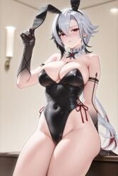 ai_generated arlecchino_(genshin_impact) breasts bunnysuit curvy curvy_body genshin_impact large_breasts leotard thick white_hair