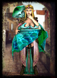 2girls 3d big_breasts blonde_hair blue_skin breast_grab breasts earrings female female_only fin fish_girl hyrule_warriors kihum long_hair multiple_girls nintendo nipples ocarina_of_time pointy_ears princess_ruto princess_zelda purple_eyes the_legend_of_zelda yuri zelda_(hyrule_warriors) zora