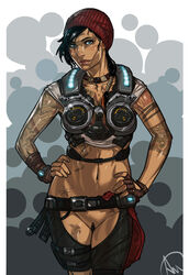 armor belt black_hair blue_eyes bracelet casual crotchless_clothes female fingerless_gloves ganassa gears_of_war gloves glowing hair hand_on_hip hat headgear kait_diaz looking_at_viewer military navel pubic_hair short_hair smile solo tattoo