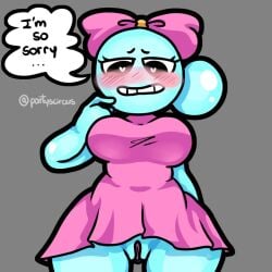 anthro blue_body blush bottomwear bow_ribbon breasts clothing dandy's_world female for_a_head genitals heart_pupils humanoid object_head poppy_(dandys_world) pussy skirt solo text toons_(dandys_world) unknown_artist