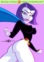 1girls ass black_leotard dc dc_comics highleg_leotard joelsouzaart leotard medium_breasts nipple_bulge pale-skinned_female pale_skin purple_eyes purple_hair purple_lipstick raven_(dc) short_hair solo solo_female teen_titans thick_thighs thighs