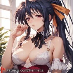 1girls ai_generated akeno big_breasts breasts dress henhalla himejima himejima_akeno solo solo_female young younger_female