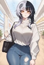 ai_generated black_hair female female_focus floppydisc hololive hololive_english hololive_english_-advent- hourglass_figure large_breasts light-skinned_female light_skin multicolored_hair shiori_novella tagme white_hair