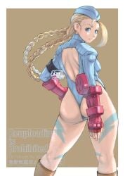 1girls aqua_leotard artist_logo ass big_ass blonde_hair blue_eyes blue_hat braid breasts cammy_white capcom elbow_gloves expressionless female female_only garrison_cap gloves hand_on_hip hat highleg highleg_leotard legs leotard logo long_hair looking_at_viewer looking_back medium_breasts pose posing red_gloves rekka_uran ribbed_leotard sensual sideboob solo street_fighter thighs thong_leotard twin_braids voluptuous