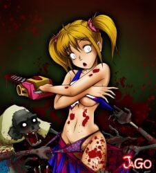 1girls blonde_female blonde_hair blood covering_breasts jago_dibuja juliet_starling lollipop_chainsaw panties panties_pull purple_panties ripping_clothing tearing_clothes torn_clothes torn_clothing twintails zombie