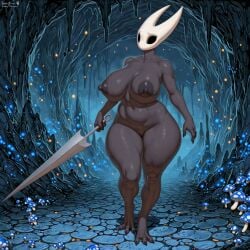 ai_generated anthro black_body black_eyes breasts casual_nudity empty_eyes female female_only genitals hollow_knight hornet_(hollow_knight) muscular muscular_female nipples nude pussy solo thick_thighs weapon