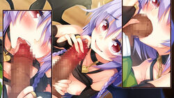 akuma_no_memochou:_chicken-kun _haikyuu_shoujo_to_yume_wo_miru areolae bare_shoulders black_skirt black_wings blush braid breasts censored close-up collar demon demon_girl demon_tail demon_wings elbow_gloves eyebrows eyebrows_visible_through_hair fellatio female fingerless_gloves game_cg handjob hatachi highres horns licking long_hair looking_at_viewer male mosaic_censoring nipples oral original parted_lips penis pointy_ears precum purple_hair red_eyes saliva sequential skirt small_breasts smile solo_focus tail tied_hair tongue tubetop twin_braids wings
