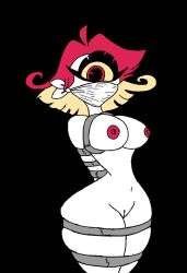 arms_behind_back big_breasts black_background breasts cyclops damsel_in_distress demon demon_girl demoness female gag gagged hair hazbin_hotel hellaverse jackattack1324 naked niffty nude one_eye red_hair solo solo_female tied_up