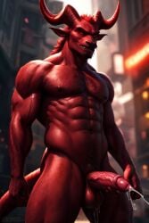 ai_generated balls burnt-red cock cum devil erect horns male male_focus muscular naked nude solo