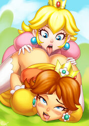 2girls ahegao ass ass_focus ass_grab bent_over blonde_hair blue_eyes blush brown_hair butt_focus clothing crown dress earrings elbow_gloves eyeliner female female_only gloves lesbian licking_lips lipstick long_hair mario_(series) mascara multiple_girls nintendo open_mouth oral orgasm outdoors princess_daisy princess_peach r_ex sex short_hair sky super_mario_bros. tongue tongue_out yuri