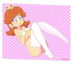 1girls almost_naked blue_eyes breasts brown_hair exposed_body female female_only human light-skinned_female light_skin loveboxf mario_(series) nintendo princess princess_daisy royalty solo solo_female thighs