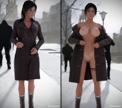 1girls 3d areolae big_breasts boots boots_only breasts brown_eyes brown_hair busty coat coat_only exhibitionism female female_focus hairless_pussy lara_croft lara_croft_(survivor) long_hair navel nipples nude nude_female nudity outdoors outside ponytail pussy shaved_pussy smutnysize tagme tattoo tomb_raider tomb_raider_(survivor) vagina wide_hips