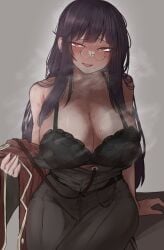 0ha 1girls big_breasts black_hair blush bra brown_eyes glasses katriel_(library_of_ruina) library_of_ruina long_hair looking_at_viewer open_mouth partially_clothed presenting project_moon smile solo sweat taking_clothes_off thick_thighs