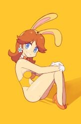 animal_ears blue_eyes bow bowtie breasts brown_hair cleavage earrings fake_animal_ears female flower_earrings full_body gloves grin high_heels highres jewelry knees_up legs leotard looking_at_viewer loveboxf mario_(series) navel nintendo playboy_bunny princess_daisy rabbit_ears rabbit_girl short_hair sitting smile solo super_mario_bros._1 super_mario_land thighs white_gloves