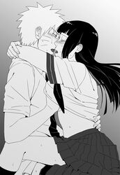 1boy 1boy1girl 1girls blush breast_grab canon_couple female hal_(sakurajam) hyuuga_hinata kissing long_hair male/female monochrome naruto school_uniform sex straight uzumaki_naruto