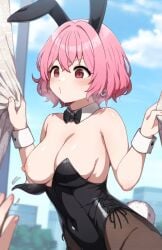 accidental_exposure ai_generated breasts bunny_costume bunny_ears bunnysuit crush_crush elle nip_slip pink_eyes pink_hair wardrobe_malfunction