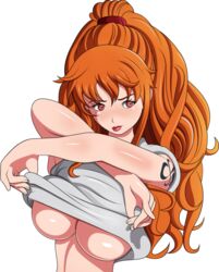 1girls admontanheiro breasts busty cleavage eyeliner female female_only lipstick long_hair makeup nami one_piece orange_hair post-timeskip shirt_lift shounen_jump solo tattoo underboob undressing voluptuous