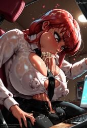 1futa ai_generated autofellatio autopaizuri balls big_breasts big_penis bulge chainsaw_man cheek_bulge cum cum_in_mouth cummandre futanari heart heart-shaped_pupils huge_breasts huge_cock makima_(chainsaw_man) nipple_bulge red_hair shirt spiral_eyes sweat tongue tongue_out wet_clothes