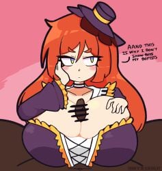 annoyed annoyed_expression english_text hat mocchaholic namine_ritsu orange_hair paizuri utau variant_set