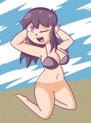 beach bikini blinking clothed clothed_female cute edited eye_contact eyelashes female_focus female_human female_only happy legs long_hair no_nose no_panties perfect_body pose purple_eyes purple_hair tuubaa youtube youtuber youtuber_girl