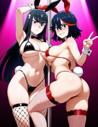 2girls ai_generated ass black_hair bra club fake_animal_ears fake_rabbit_ears fake_tail fishnet_stockings fishnets from_behind kill_la_kill kiryuuin_satsuki large_breasts long_hair matoi_ryuuko micro_bikini navel pole pole_dancing short_hair stockings stripper stripper_pole thong