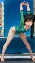 ai_generated asian asian_female athletic_female bare_legs bare_thighs black_hair closed_eyes clothing gym_clothes kodachi_kuno light-skinned_female light_skin momohachi_r ranma_1/2 side_ponytail small_breasts smiling solo_female squatting stretching sweat sweatdrop thighs voluptuous voluptuous_female