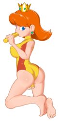 1girls a- backside barefoot bimbo blue_eyes brown_hair crown dildo earrings eyes_visible_through_hair feet fellatio female from_behind hand_on_pussy kneeling looking_at_viewer looking_back mario_(series) mario_and_sonic_at_the_olympic_games masturbation nintendo oral oral_insertion princess_daisy sex_toy shiny_skin skintight soles solo studded_dildo swimsuit toes vaginal_object_insertion white_background