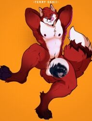 absurd_res arms_above_head canid canine censored fox hi_res male male_only mammal muscular muscular_male nude paws solo terryskaii_(artist)