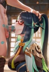 1boy 1girl1boy 1girls aether_(genshin_impact) ai_generated aqua_hair aqua_lips black_hair blush bodystocking closed_eyes codemistake fellatio genshin_impact hair_grab head_grab lipstick lipstick_mark long_hair lower_body mihoyo motion_blur oral pants_pull patreon patreon_link patreon_logo patreon_url patreon_username penis ponytail saliva straight sweat, upper_body xianyun_(genshin_impact)