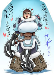 absurdres ahe_gao ahemaru black_tentacles breasts brown_hair clothed_sex clothing female fully_clothed gigantic_breasts glasses hair_bun henriiku_(ahemaru) highres imminent_penetration mei_(overwatch) open_mouth overwatch plump saliva sex snowball_(overwatch) spread_legs tentacle tentacles_under_clothes