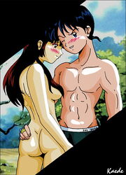 1boy 1girls abs artist_name ass black_hair blush boxers breasts brown_hair butt_crack canon_couple clothed_male_nude_female clothes eyeshadow female hand_on_ass inuyasha kaede_(artist) long_hair makeup male medium_hair miroku miroku_(inuyasha) muscle nippleless_male one_eye_closed outside partially_clothed pecs sango scar wink