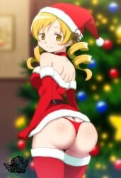 1girls ai_generated artist_logo ass ass_focus back_view big_breasts blurry_background bubble_ass bubble_butt butt_focus christmas christmas_outfit christmas_tree dress drill_hair hi_res huge_ass huge_butt looking_at_viewer madoka_worship magical_girl mahou_shoujo_madoka_magica minidress panties puella_magi_madoka_magica red_panties red_thong red_thong_panties red_underwear round_ass round_butt santa_hat thick_thighs thighhighs thong tomoe_mami twin_drills twintails underwear upskirt yellow_eyes yellow_hair