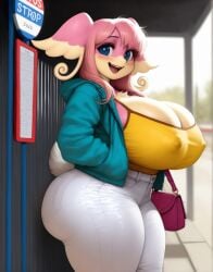 1girls ai_generated anthro areola ass audino big_breasts breasts breasts_bigger_than_head female female_focus female_only generation_5_pokemon huge_breasts large_breasts nintendo pink_body pink_nipples pokemon pokemon_(species) solo_female tight_clothing tight_jeans white_tail