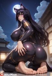 1girls ai_generated aliusnext animal_ears ass ass_focus ass_grab black_hair bodysuit crazy crazy_eyes delta_(the_eminence_in_shadow) facial_markings feet female from_behind from_below high_quality high_resolution highres huge_ass huge_breasts patreon purple_eyes soles sweat tagme the_eminence_in_shadow yandere