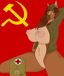 big_breasts breasts communism female flag hammer_and_sickle hands_behind_head hi_res horse kizion_ksharr medicine nipple_piercing nipples solo soviet soviet_flag uniform