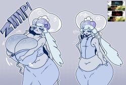1girls blue_body breast_squeeze breasts breasts_bigger_than_head chubby chubby_female closed_eyes cookie_run cookie_run_kingdom digital_media_(artwork) female female_only frilled_jellyfish_cookie huge_breasts long_skirt moonrainum puffed_cheeks solo tummy zipper