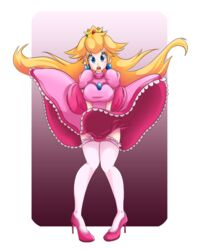 1girls alpha_channel blonde_hair blue_eyes breasts covering_crotch crown dress dress_lift dress_tug earrings female female_only for_sticker_use frown full_body fully_clothed gradient_background heels knees_together_feet_apart long_hair mario_(series) medium_breasts nintendo open_mouth pink_background png princess_peach solo standing sticker_template thighhighs transparent_background transparent_png trashpotatoe wind_lift