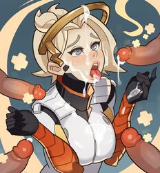 1girls 2016 4boys blizzard_entertainment blonde_hair blue_eyes blush breasts bukkake clothed cum cum_on_body cum_on_clothes cum_on_face cum_on_upper_body erection facial female healing highres human large_breasts long_hair looking_up male mechanical_halo mercy multiple_penises open_mouth overwatch penis plus ponytail precum solo_focus splashbrush straight tied_hair tongue tongue_out