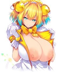 1girls big_breasts blonde_hair blue_eyes blue_hair bombergirl breasts breasts_out dress female_focus female_only flashing flashing_breasts gloves highres huge_breasts large_areolae large_breasts looking_at_viewer multicolored_hair open_dress pine_(bombergirl) simple_background symbol-shaped_pupils tsukasawa_takamatsu two_tone_hair undressing white_background