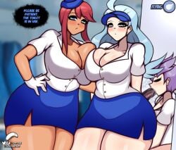 3girls airplane airplane_interior artist_name big_breasts blue_eyes blush breasts cleavage cowboy_shot creatures_(company) english_text fellatio female_focus flight_attendant game_freak gloves hi_res kahili_(pokemon) long_hair looking_at_viewer miniskirt nintendo oral oral_sex penis pokemon pokemon_bw pokemon_rse pokemon_sm purple_hair red_hair sidelocks skirt skyla_(pokemon) standing talking_to_viewer text thick_thighs trait_connection uncensored url winona_(pokemon) zapklink