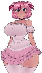 1girls big_breasts blush blush clothed_female cute doki_doki_literature_club female female female_only frilled_skirt huge_breasts large_breasts looking_at_viewer natsuki_(doki_doki_literature_club) pink_hair pink_hair_female pink_skirt pinkbobatoo red_ribbon skirt thick_thighs thighhighs thighs twin_buns twintails voluptuous wide_hips