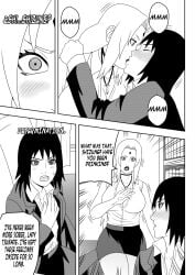 2girls age_difference big_breasts boss_and_employee breasts comic dialogue embarrassed english_text female female_only formal formal_clothes huge_breasts indoors kissing mature mature_female monochrome multiple_girls naruto naruto:_the_last naruto_(series) naruto_shippuden ninrubio office office_lady older_woman_and_younger_girl shizune story teacher_and_student tsunade voluptuous yuri