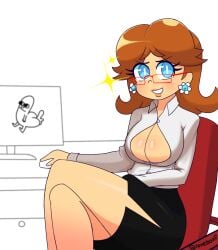 black_skirt blue_eyes breasts brown_hair cleavage collared_shirt computer crossed_legs earrings female flower_earrings glasses grin highres jewelry legs looking_at_viewer loveboxf mario_(series) meme miniskirt nintendo office_lady princess_daisy shirt short_hair sitting skirt smile solo super_mario_land thighs tomboy