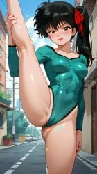 ai_generated asian asian_female athletic_female bare_legs bare_thighs black_hair brown_eyes clothing gym_clothes kodachi_kuno legs_up light-skinned_female light_skin looking_at_viewer momohachi_r ranma_1/2 side_ponytail small_breasts smiling solo_female squatting stretching sweat sweatdrop thighs voluptuous voluptuous_female