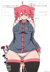 1boy 1girls 2d 2d_(artwork) ass_visible_through_thighs big_breasts blush breasts clothed clothed_female clothed_sex cum curvy curvy_female ejaculation ejaculation_between_thighs enon1129 female hair_ornament hairbow huge_thighs japanese_text kasane_teto large_breasts male offscreen_male panties penis red_eyes red_hair request straight synthesizer_v thick_thighs thigh_gap thigh_sex thighhighs twin_drills utau wide_hips